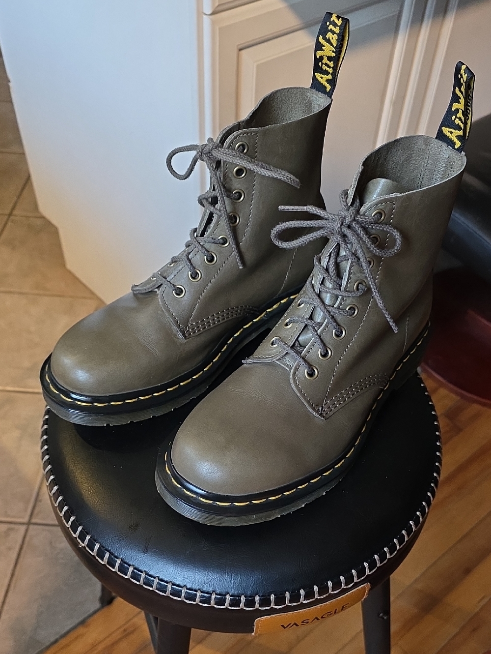 Dr. Martens Olive Green Lace-Up Combat Boots with Yellow Stitching